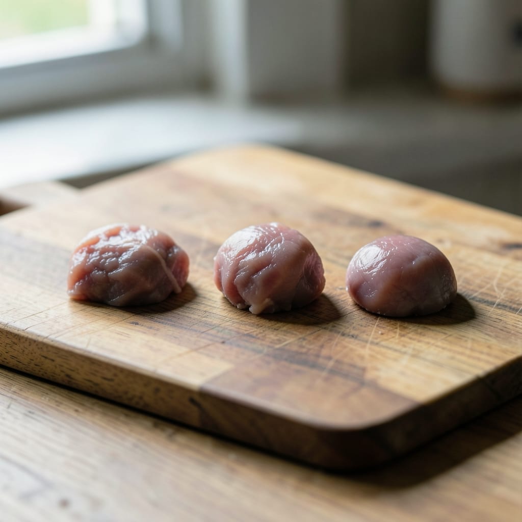 Three chops of different thickness, ready to be tested